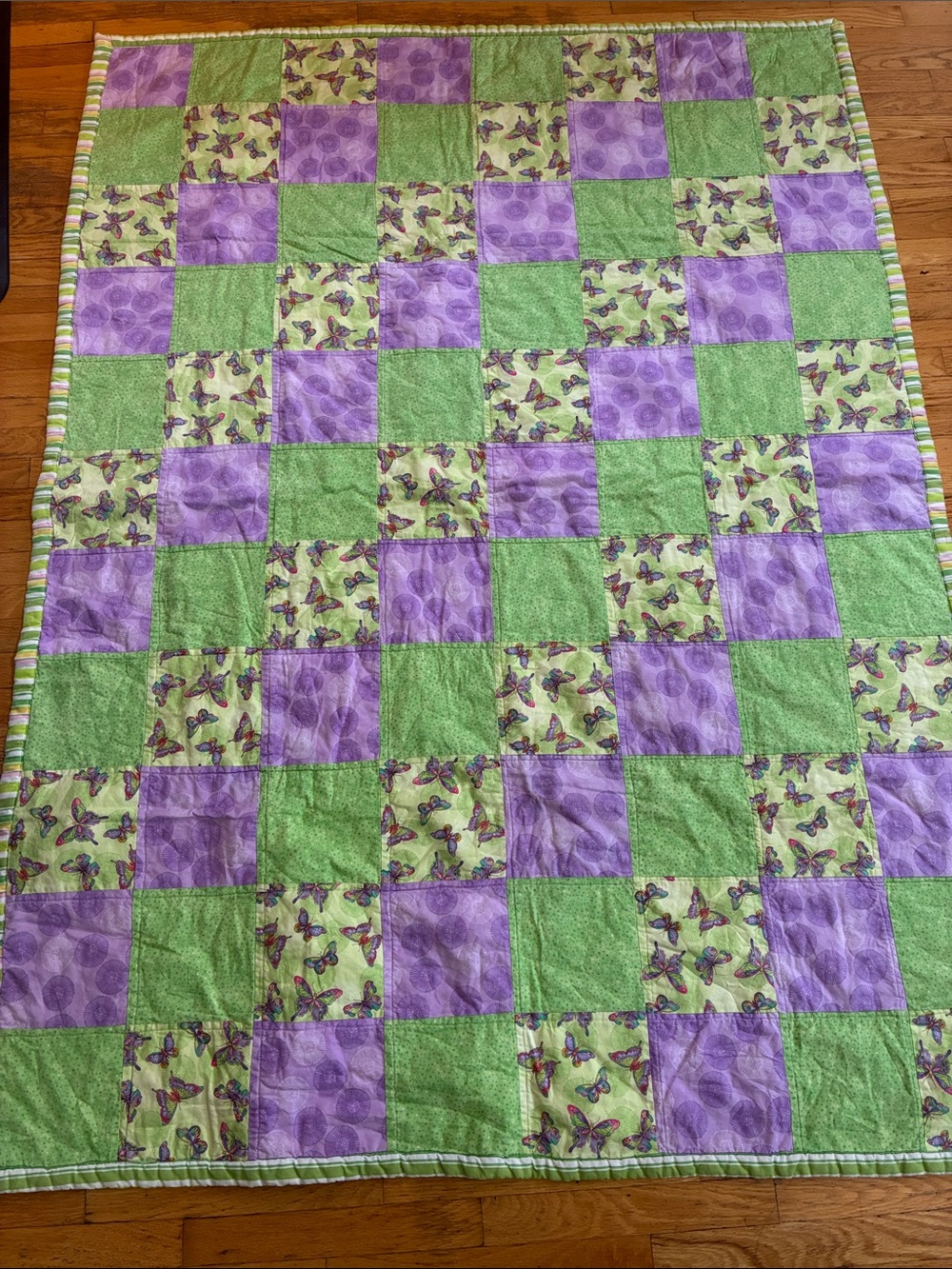 Handmade Green & Purple Butterfly & Striped Patchwork Quilt